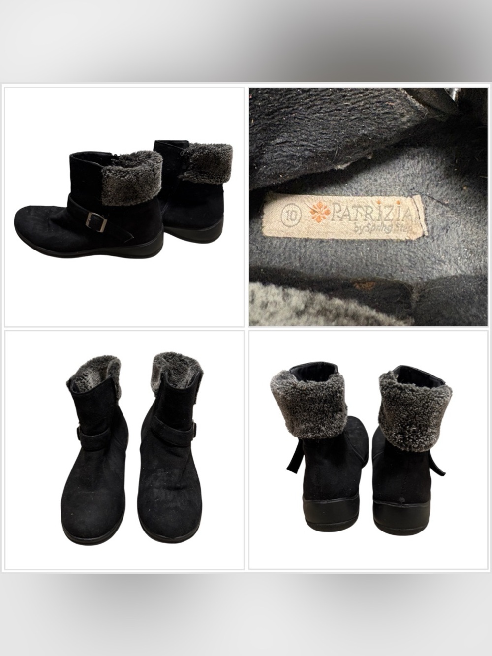 PATRIZIA by Spring Step Black Suede Fur Lined Boots Women's 10 Silver Buckle